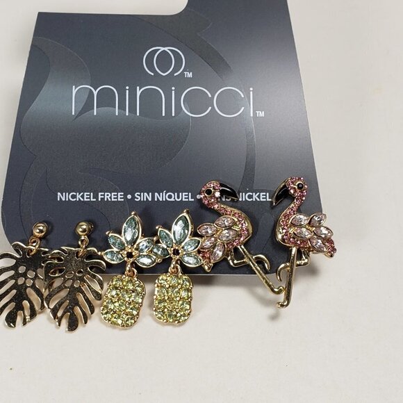 Minicci 3 Pairs of Gold-Tone Crystal Post Drop Earrings, Flamingo, Leaf, Flower - Picture 6 of 11
